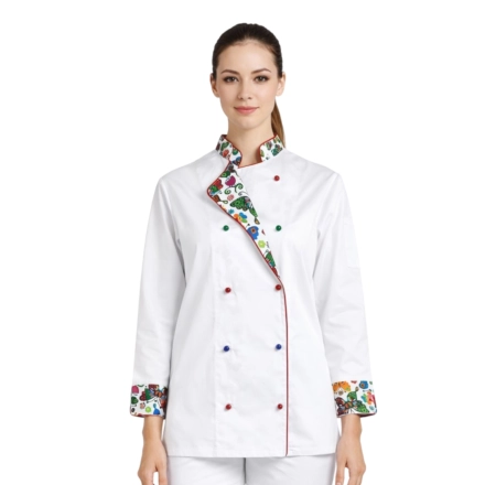 Bluza kucharska damska biała rekaw długi lamówka wzór W3 (1061) roz. M – bluza kucharska – odzież gastronomiczna